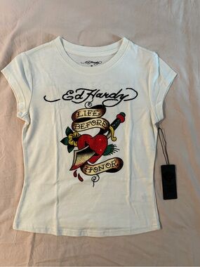 NWT Ed Hardy White Tee with Red Heart and Tattoo Banner